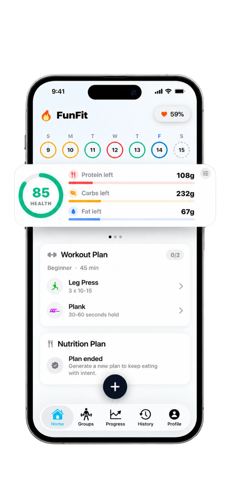 FunFit home screen with daily health score, macros and today's plan